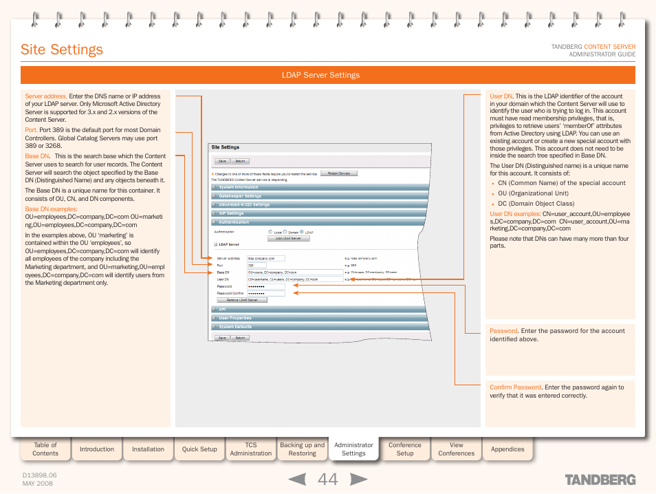 Ldap server settings, Site settings | TANDBERG S3.1 User Manual | Page 44 / 131