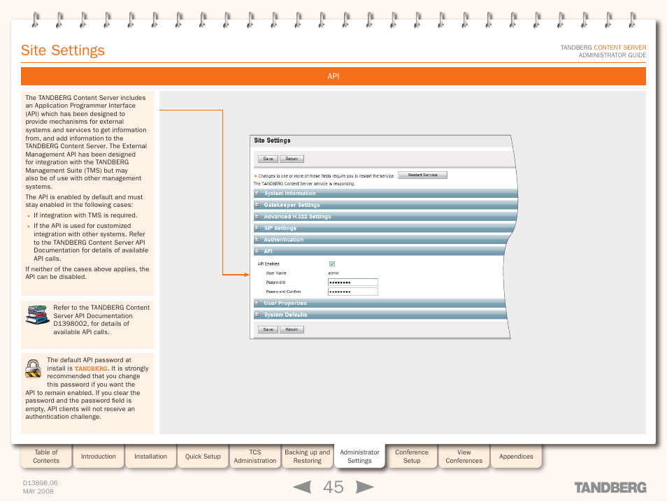 Site settings | TANDBERG S3.1 User Manual | Page 45 / 131