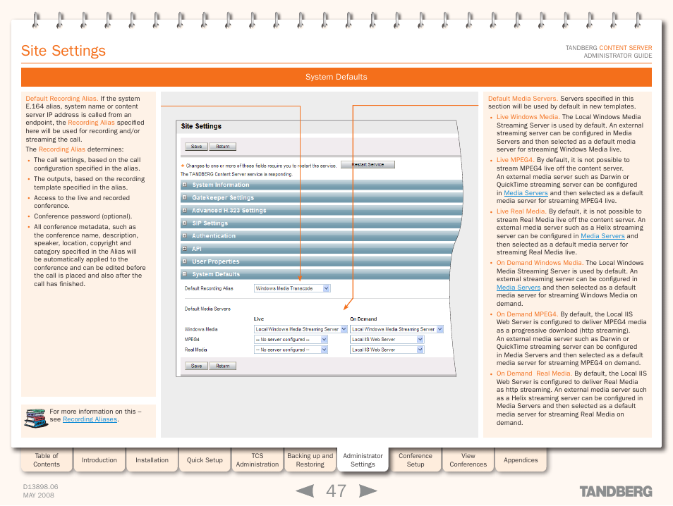 System defaults, Site settings | TANDBERG S3.1 User Manual | Page 47 / 131