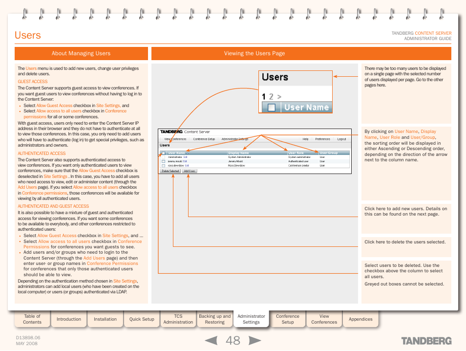 Users, About managing users, User management | TANDBERG S3.1 User Manual | Page 48 / 131