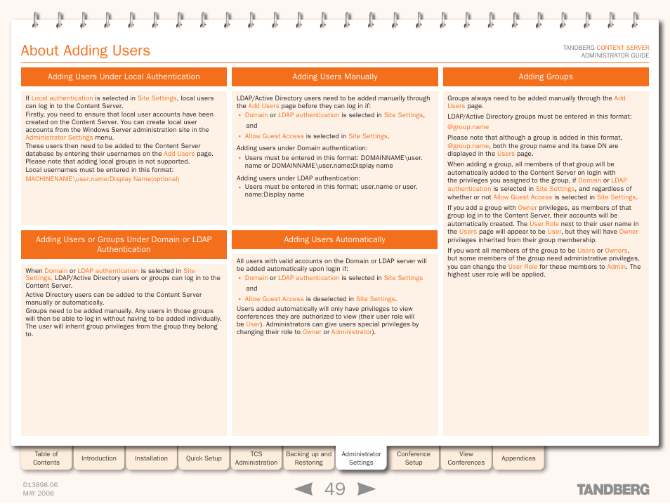 About adding users, Adding users under local authentication, Adding users manually | Adding users automatically, Adding groups | TANDBERG S3.1 User Manual | Page 49 / 131