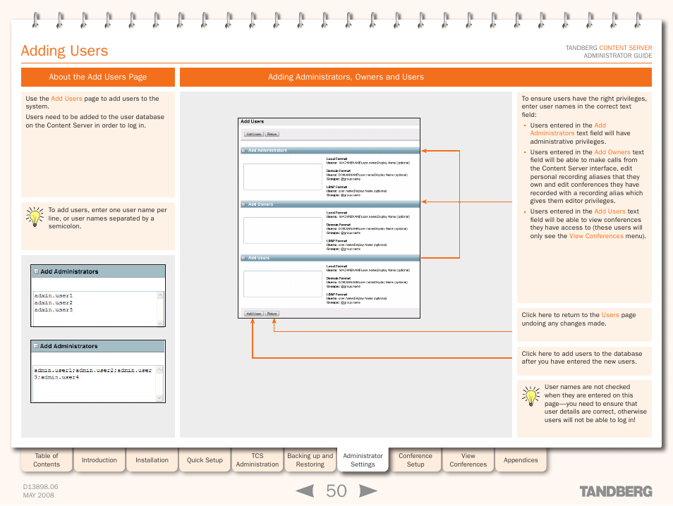 Adding users, Adding administrators, owners and users | TANDBERG S3.1 User Manual | Page 50 / 131