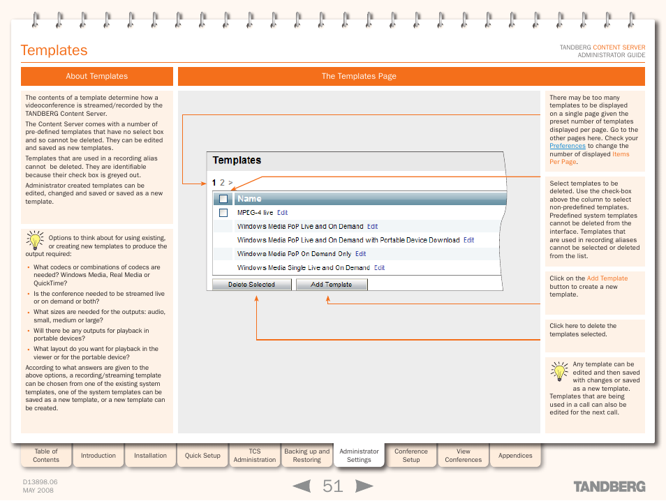 Templates, About templates, Section | TANDBERG S3.1 User Manual | Page 51 / 131