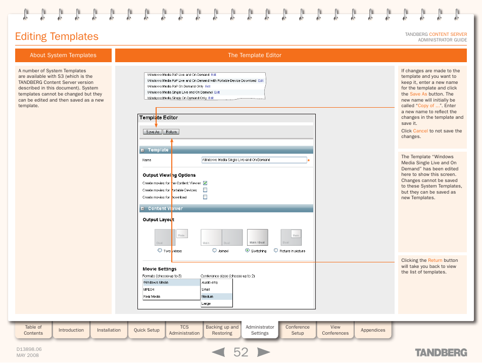 Editing templates, About system templates, The template editor | About system templates the template editor | TANDBERG S3.1 User Manual | Page 52 / 131