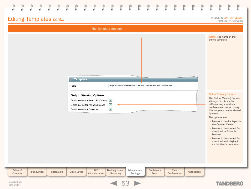 The template section, Editing templates, Cont | TANDBERG S3.1 User Manual | Page 53 / 131