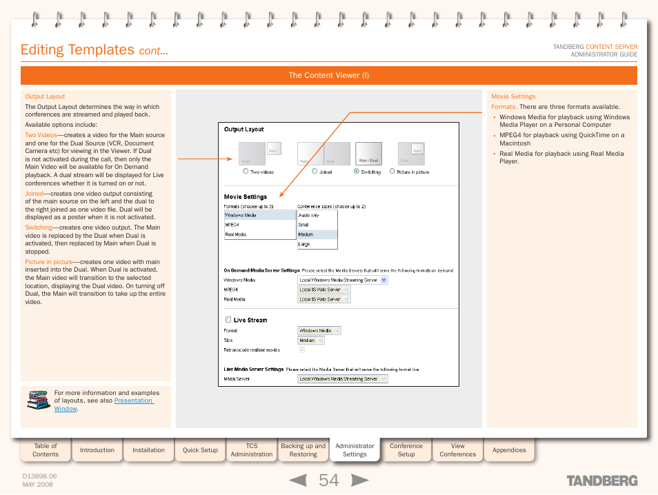 The content viewer (i), Editing templates, Cont | TANDBERG S3.1 User Manual | Page 54 / 131