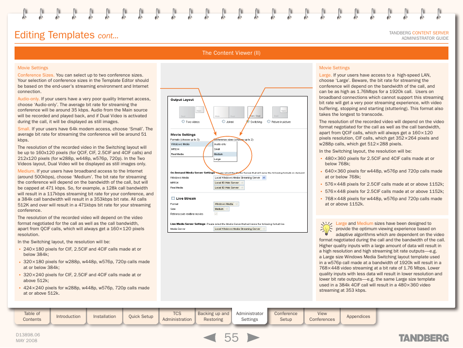 The content viewer (ii), Editing templates, Cont | TANDBERG S3.1 User Manual | Page 55 / 131