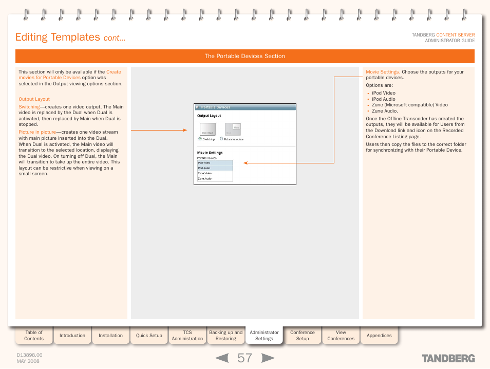 The portable devices section, Editing templates, Cont | TANDBERG S3.1 User Manual | Page 57 / 131