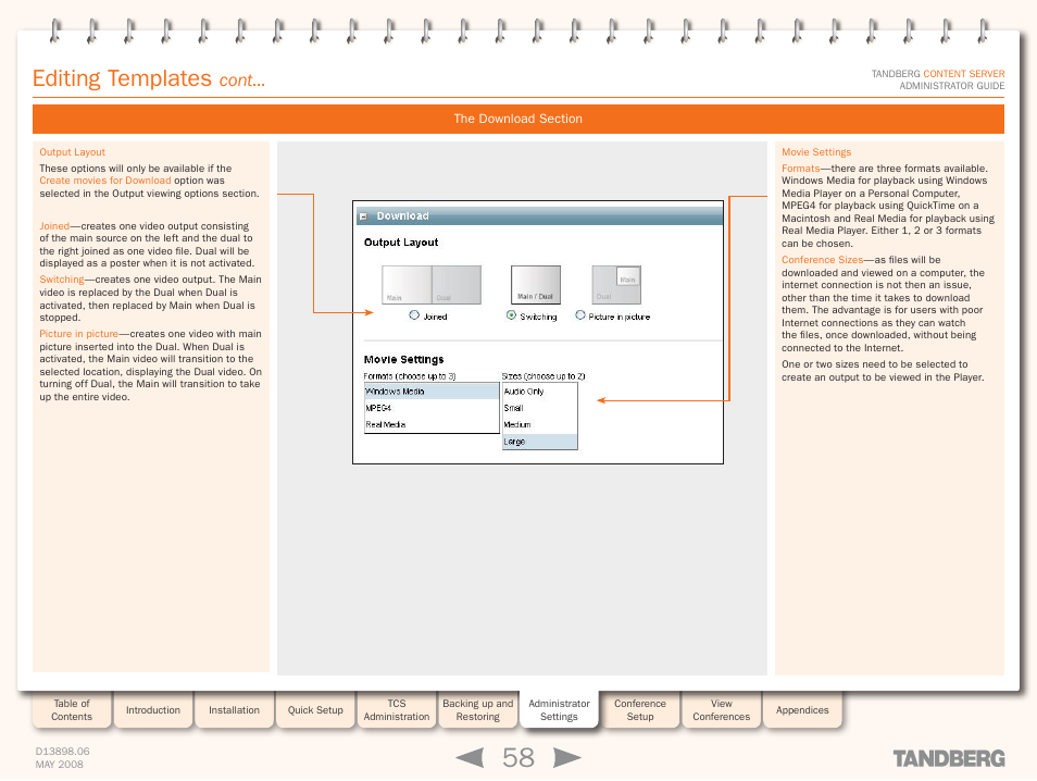 The download section, Editing templates, Cont | TANDBERG S3.1 User Manual | Page 58 / 131