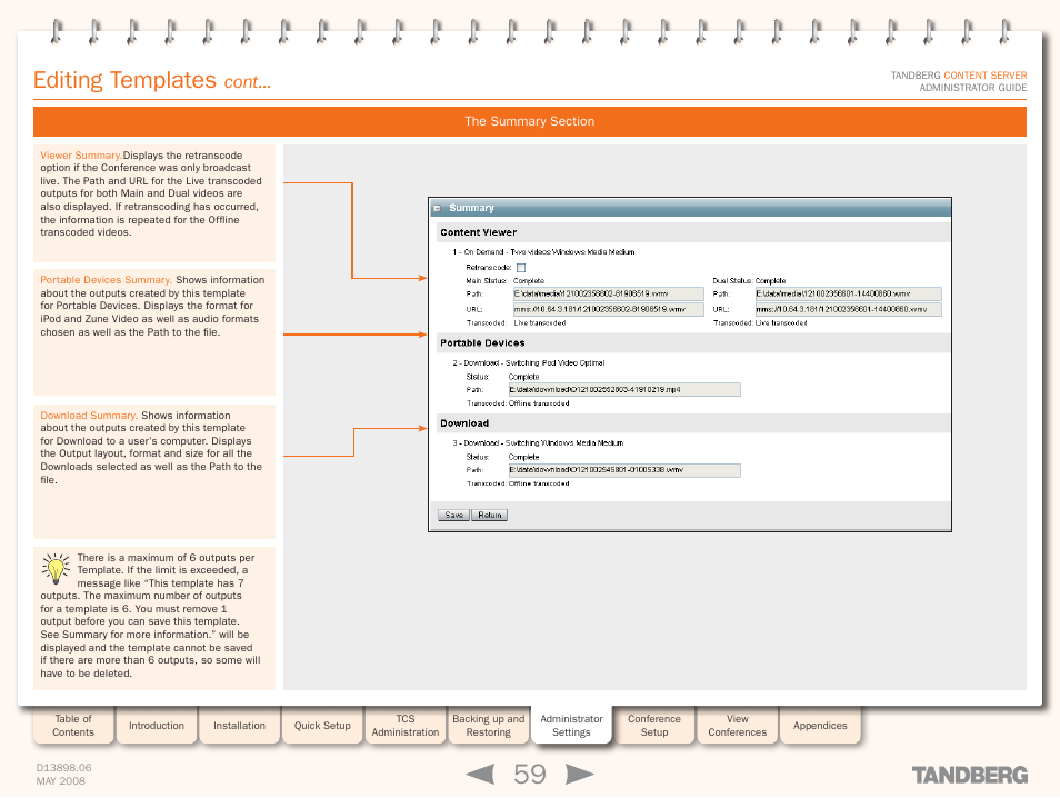 The summary section, Editing templates, Cont | TANDBERG S3.1 User Manual | Page 59 / 131