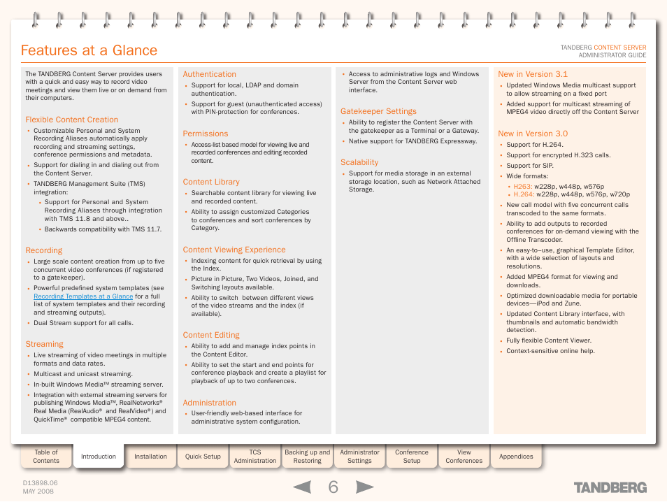 Features at a glance | TANDBERG S3.1 User Manual | Page 6 / 131