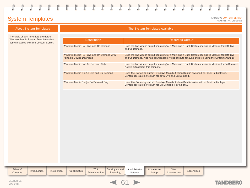 System templates, About system templates, The system templates available | Recording templates at a glance | TANDBERG S3.1 User Manual | Page 61 / 131