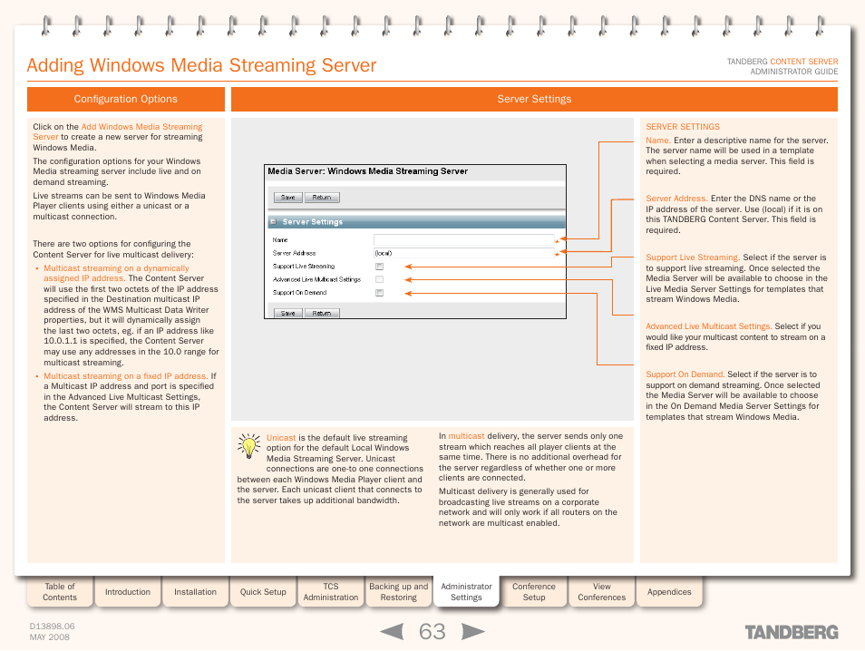 Adding windows media streaming server, Configuration options, Server settings | Configuration options server settings | TANDBERG S3.1 User Manual | Page 63 / 131