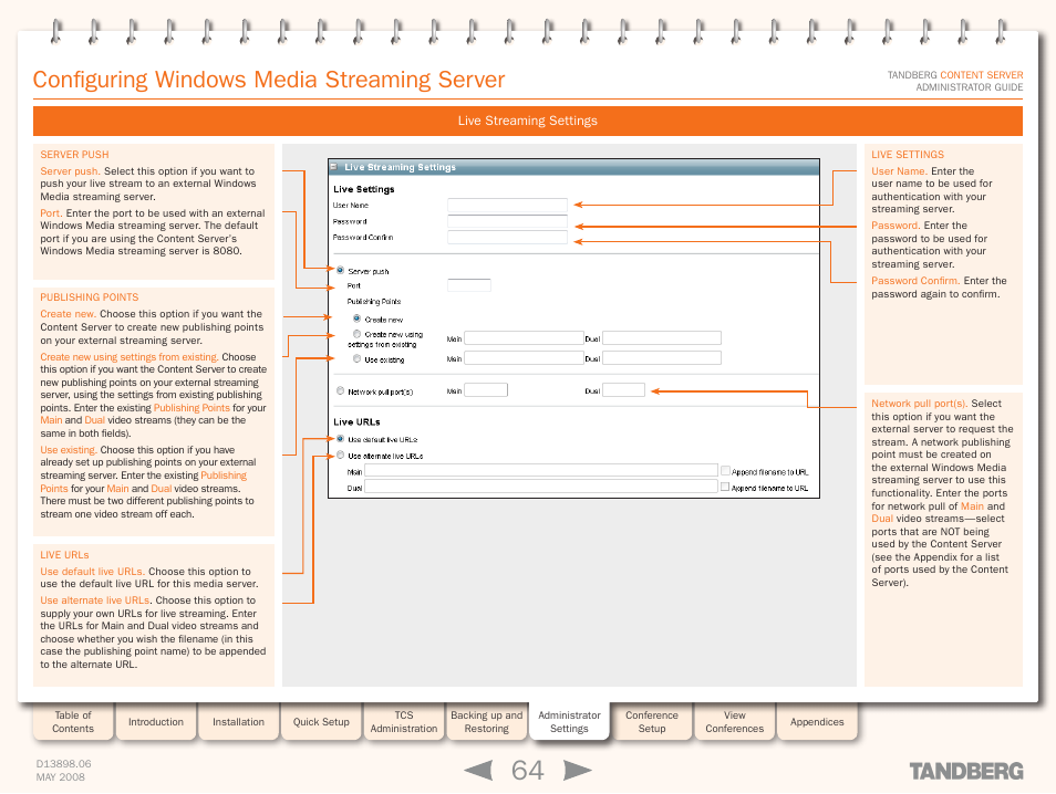 Configuring windows media streaming server, Live streaming settings | TANDBERG S3.1 User Manual | Page 64 / 131