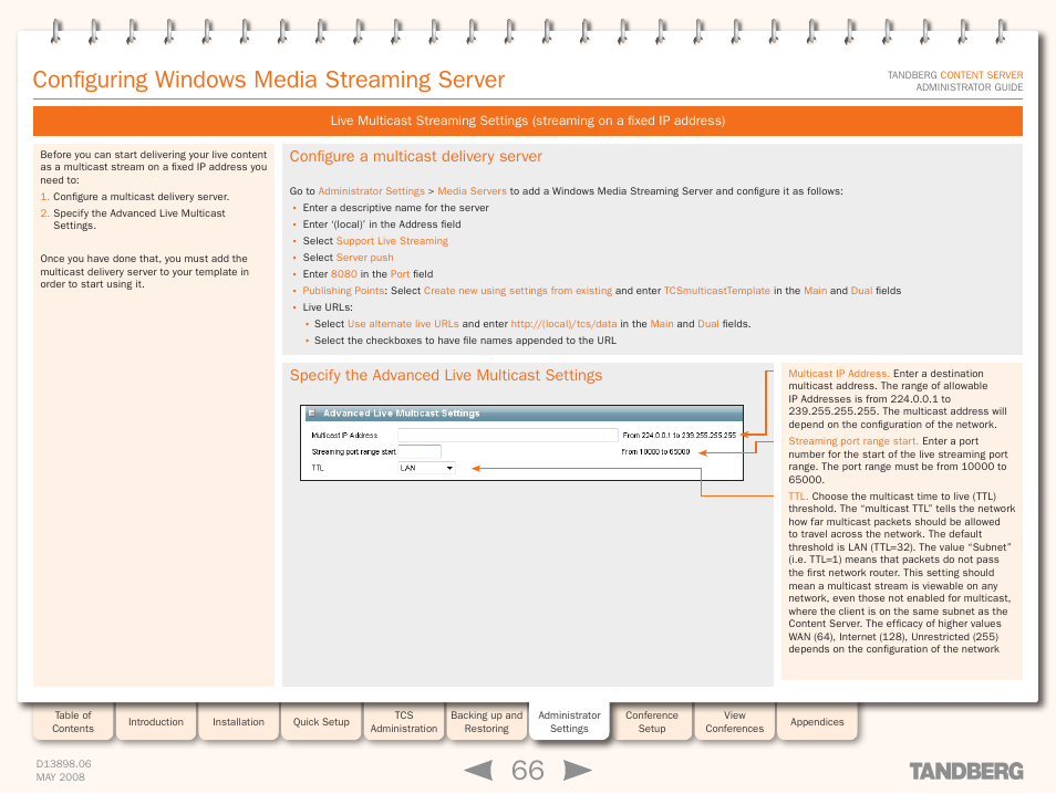 Configure a multicast delivery server, Specify the advanced live multicast settings, Configuring windows media streaming server | TANDBERG S3.1 User Manual | Page 66 / 131