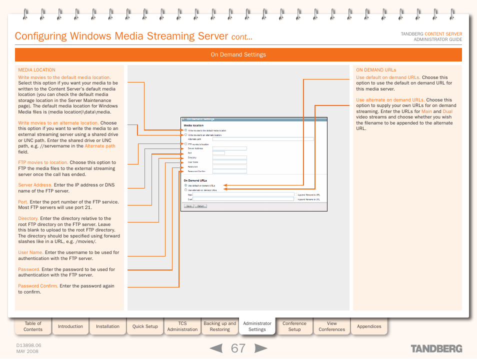On demand settings, Configuring windows media streaming server, Cont | TANDBERG S3.1 User Manual | Page 67 / 131