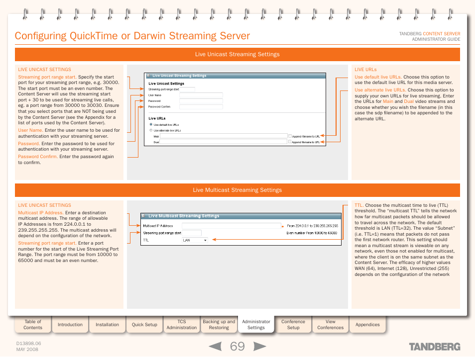 Configuring quicktime or darwin streaming server, Live unicast streaming settings, Live multicast streaming settings | TANDBERG S3.1 User Manual | Page 69 / 131