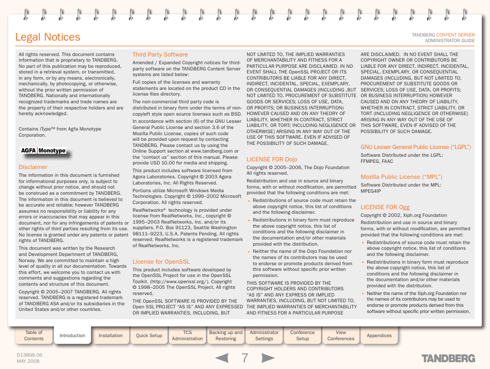Legal notices | TANDBERG S3.1 User Manual | Page 7 / 131
