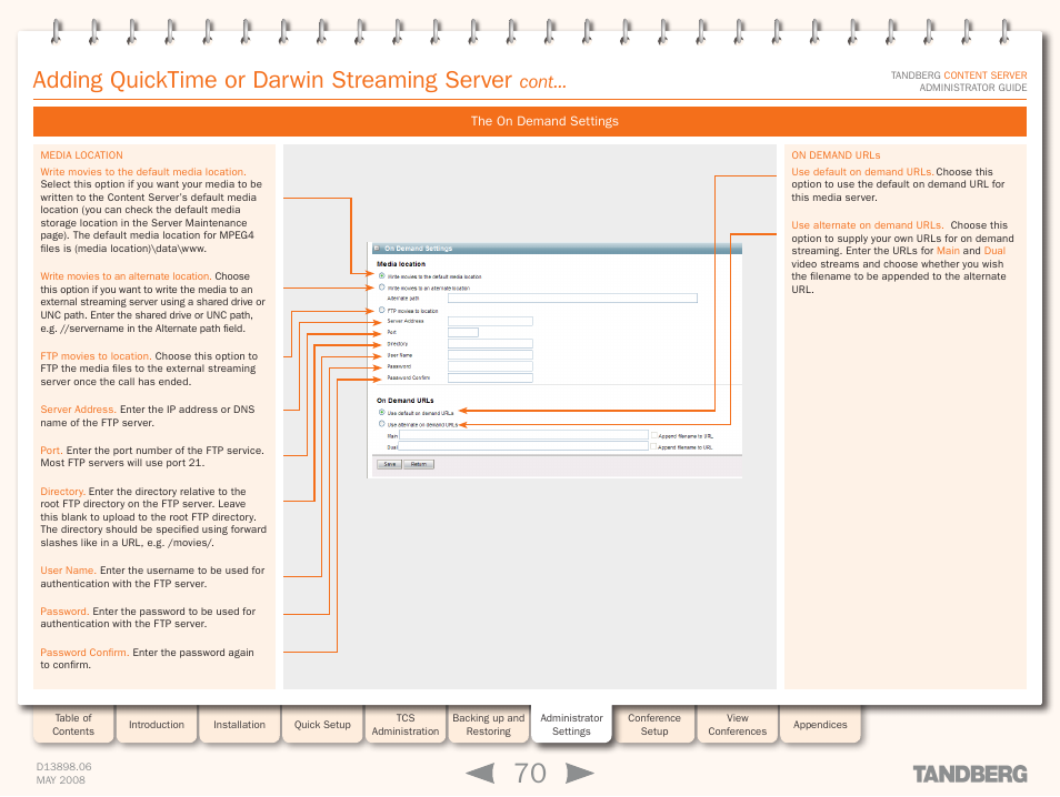 The on demand settings, Adding quicktime or darwin streaming server, Cont | TANDBERG S3.1 User Manual | Page 70 / 131