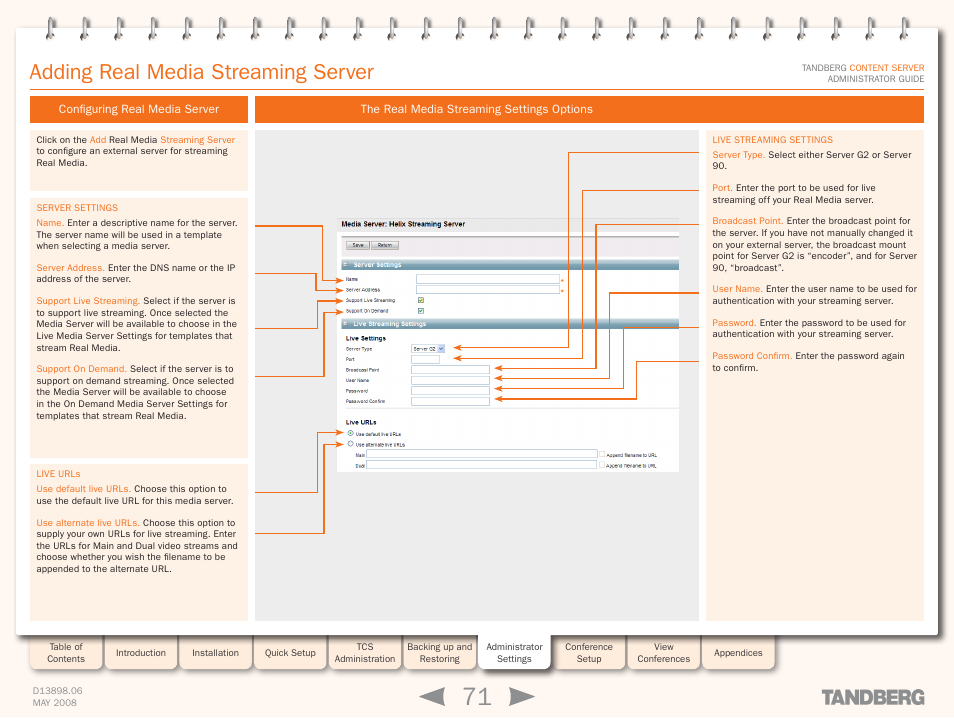 Configuring real media server, The real media streaming settings options, Adding real media streaming server | TANDBERG S3.1 User Manual | Page 71 / 131