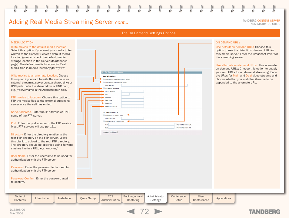 The on demand settings options, Adding real media streaming server, Cont | TANDBERG S3.1 User Manual | Page 72 / 131