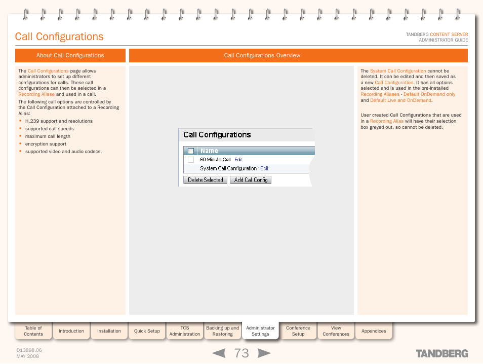 Call configurations, About call configurations, Call configurations overview | TANDBERG S3.1 User Manual | Page 73 / 131