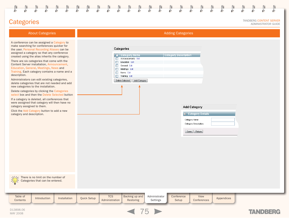 Categories, About categories, Adding categories | About categories adding categories, Section | TANDBERG S3.1 User Manual | Page 75 / 131