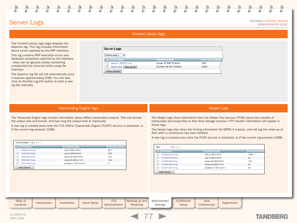 Content library logs, Transcoding engine logs, Helper logs | Server logs | TANDBERG S3.1 User Manual | Page 77 / 131