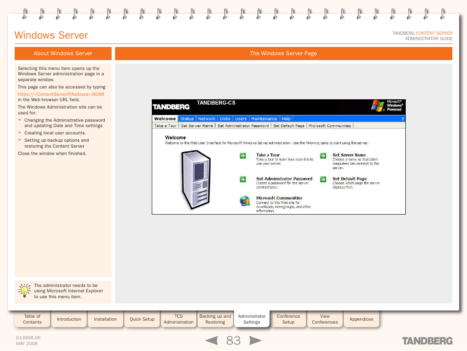 Windows server, About windows server, Windows server setup | TANDBERG S3.1 User Manual | Page 83 / 131