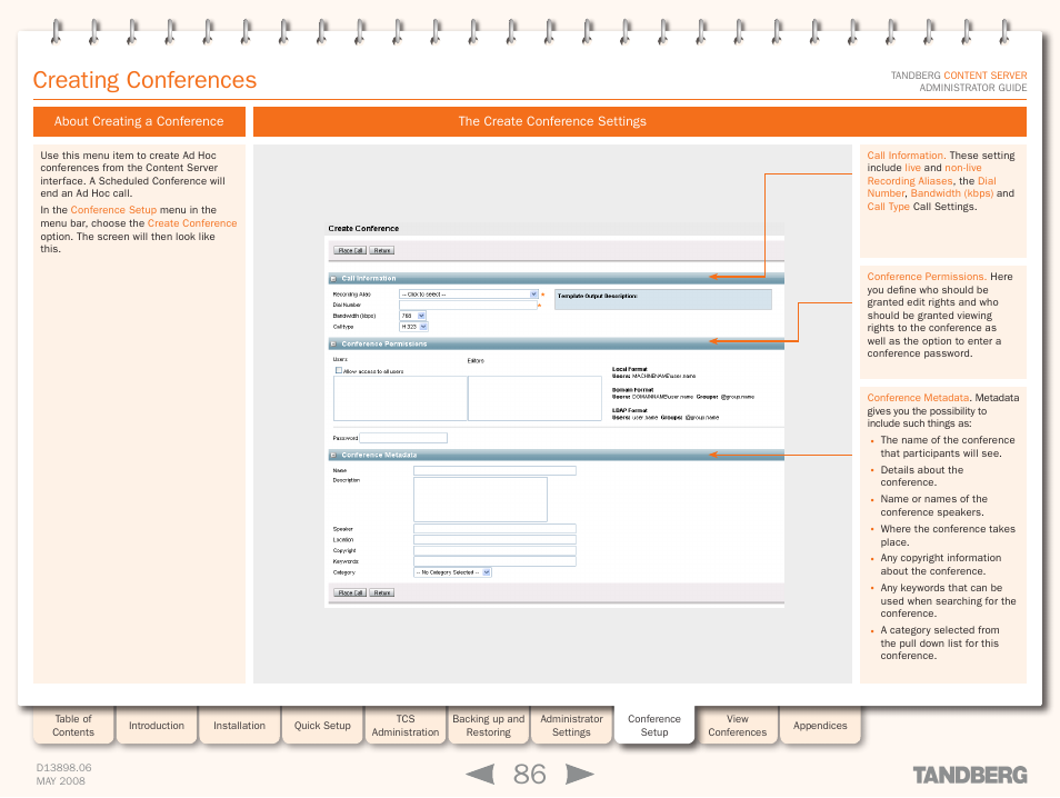Creating conferences, About creating a conference, The create conference settings | TANDBERG S3.1 User Manual | Page 86 / 131