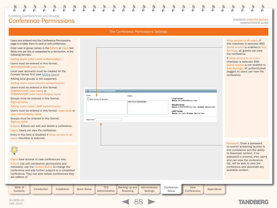 Conference permissions, The conference permissions settings | TANDBERG S3.1 User Manual | Page 88 / 131