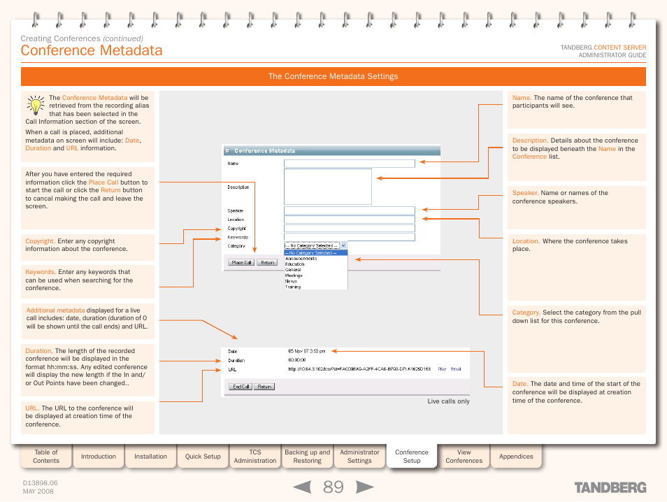 Conference metadata, The conference metadata settings | TANDBERG S3.1 User Manual | Page 89 / 131