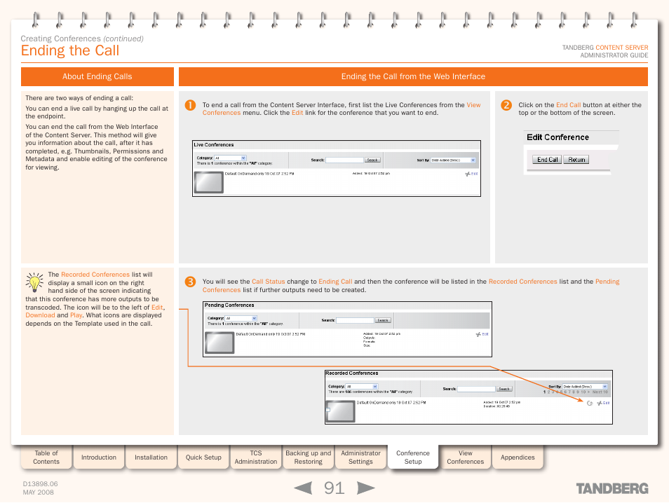 Ending the call, About ending calls, Ending the call from the web interface | Pending conferences | TANDBERG S3.1 User Manual | Page 91 / 131