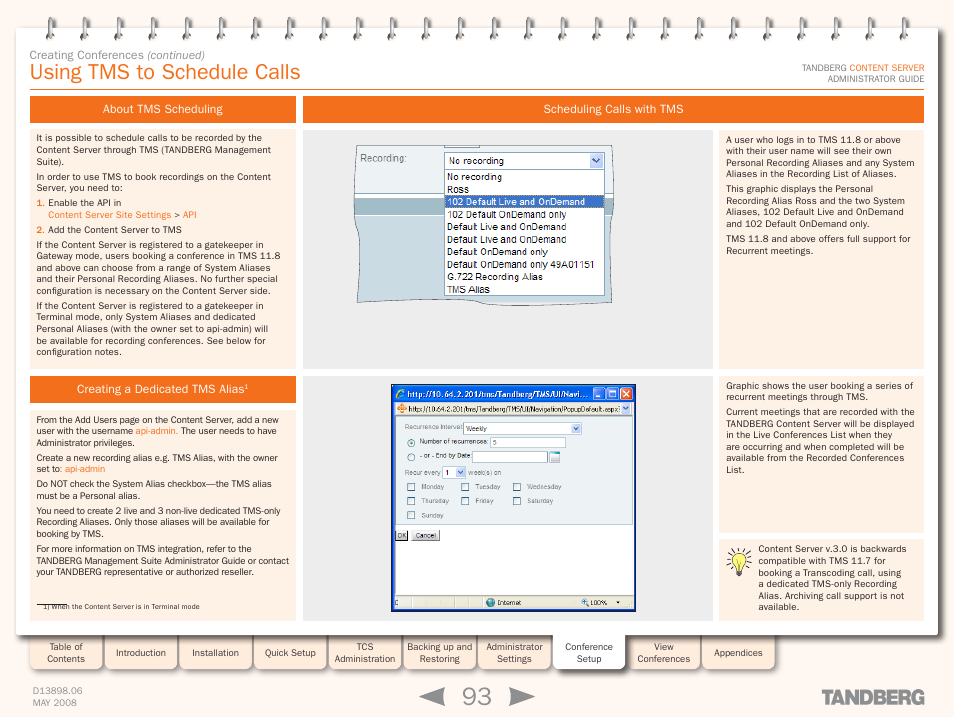 Using tms to schedule calls, About tms scheduling, Creating a dedicated tms alias | Scheduling calls with tms, Using, Tms to schedule calls, Section | TANDBERG S3.1 User Manual | Page 93 / 131