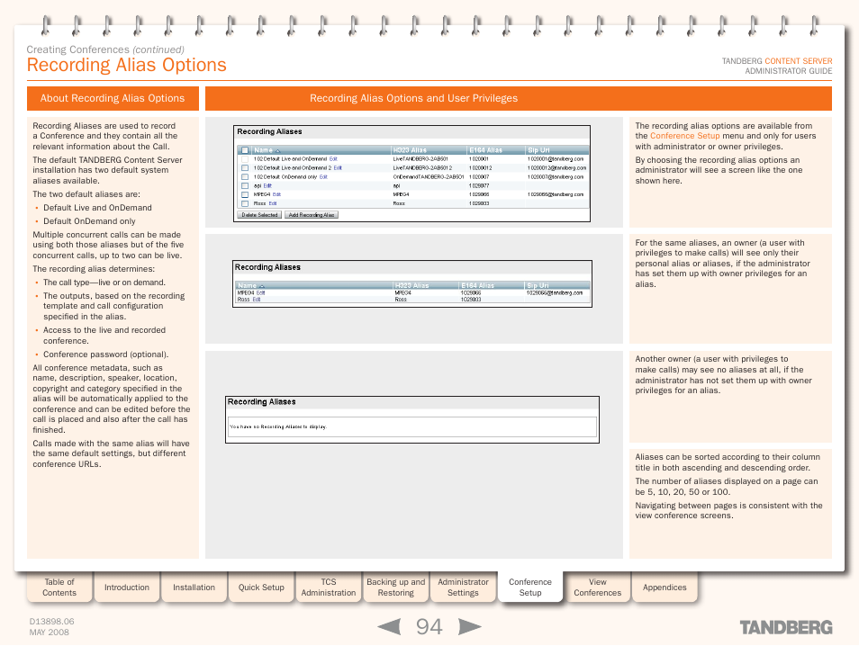 Recording alias options, About recording alias options, Recording alias options and user privileges | Recording aliases, Section | TANDBERG S3.1 User Manual | Page 94 / 131