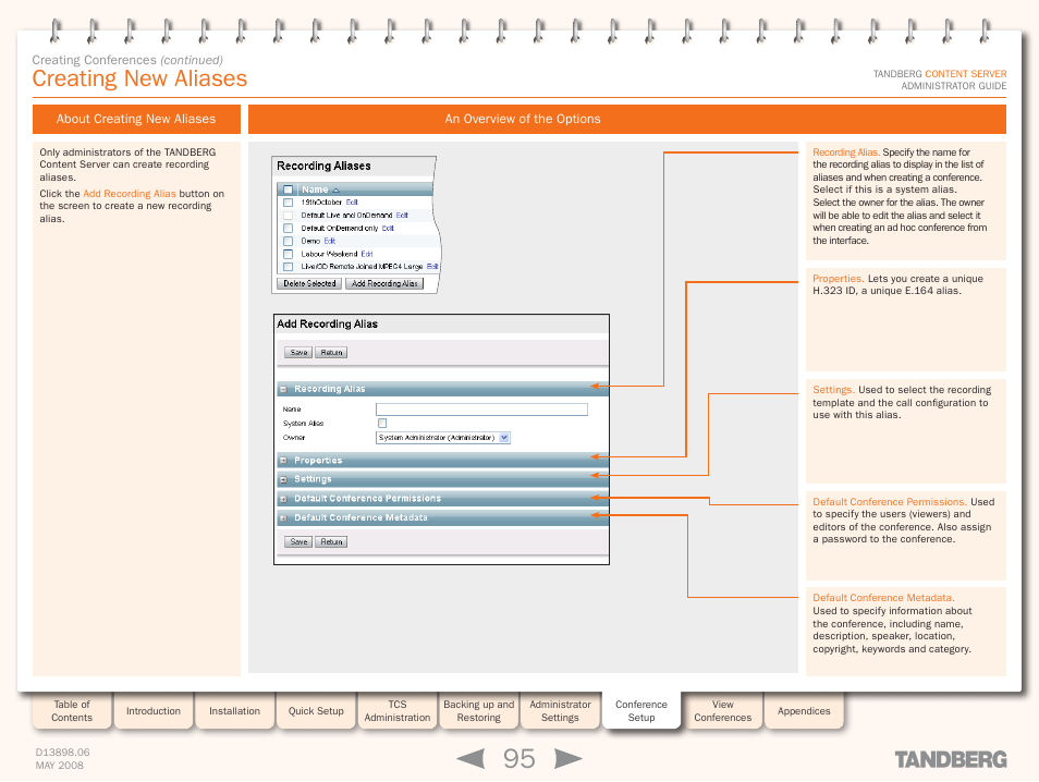 Creating new aliases, About creating new aliases, An overview of the options | TANDBERG S3.1 User Manual | Page 95 / 131