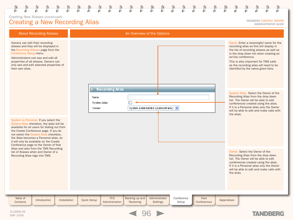 Creating a new recording alias, About recording aliases, An overview of the options | About recording aliases an overview of the options | TANDBERG S3.1 User Manual | Page 96 / 131