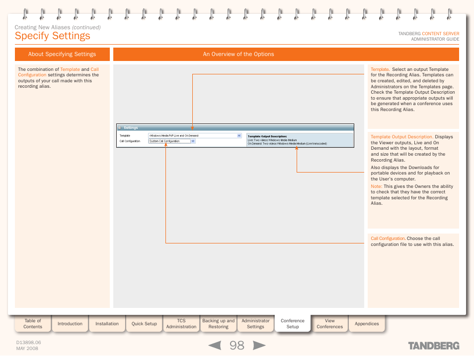 Specify settings, About specifying settings, An overview of the options | TANDBERG S3.1 User Manual | Page 98 / 131