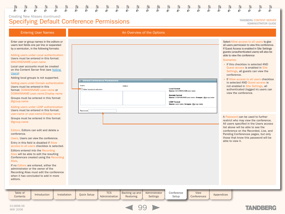 Specifying default conference permissions, Entering user names, An overview of the options | Entering user names an overview of the options | TANDBERG S3.1 User Manual | Page 99 / 131