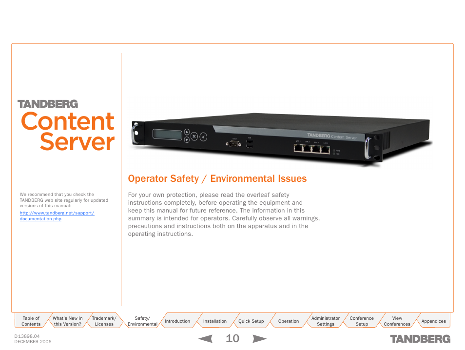 Operator safety / environmental issues, Safety, Environmental | Content server | TANDBERG CONTENT SERVER D13898.04 User Manual | Page 10 / 143