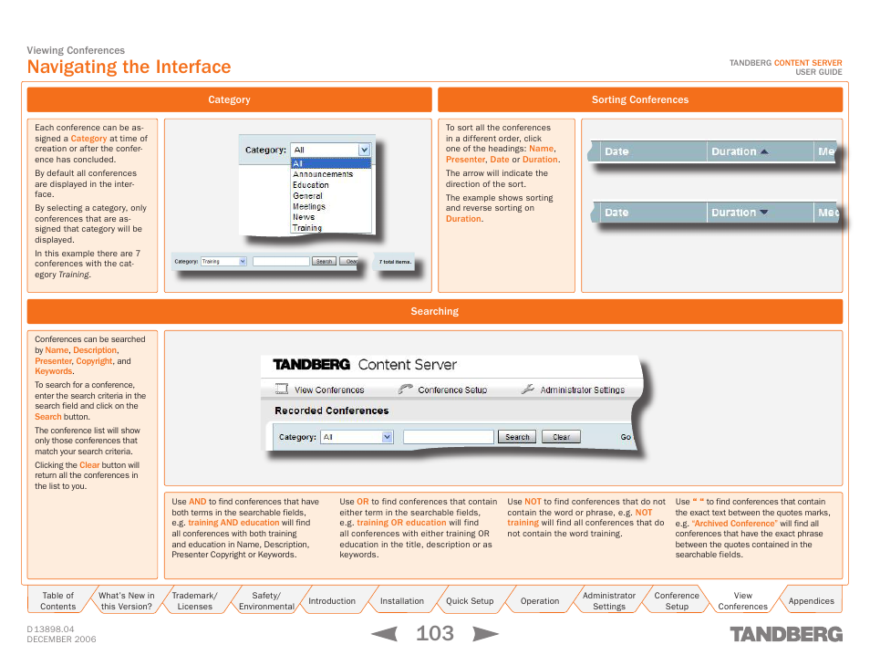 Navigating the interface, Category, Searching | Sorting conferences, Category searching sorting conferences | TANDBERG CONTENT SERVER D13898.04 User Manual | Page 103 / 143