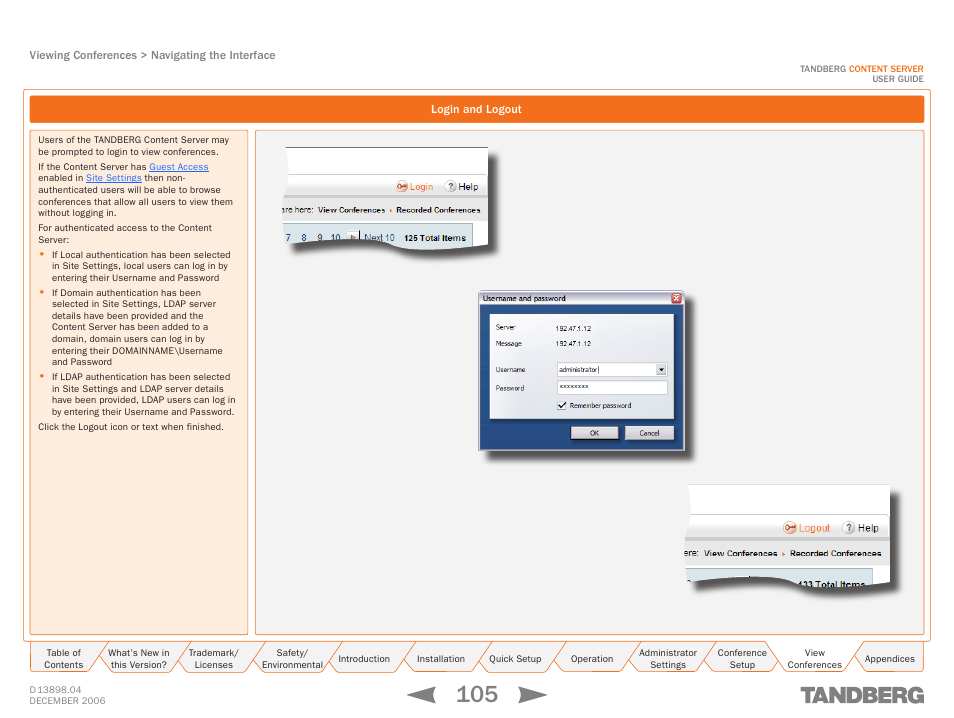 Login and logout, Login/logout | TANDBERG CONTENT SERVER D13898.04 User Manual | Page 105 / 143