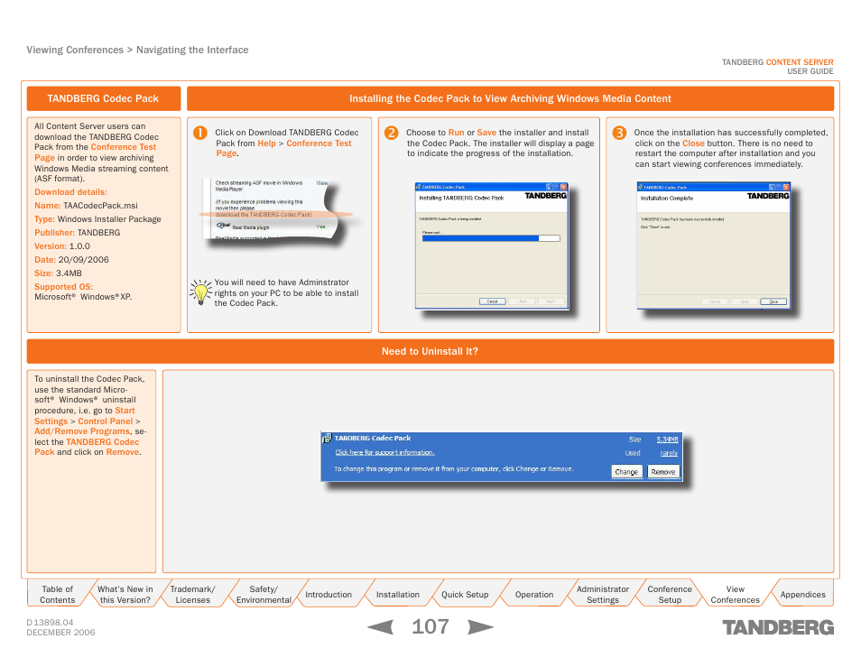 Tandberg codec pack, Need to uninstall it | TANDBERG CONTENT SERVER D13898.04 User Manual | Page 107 / 143