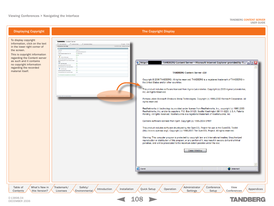 Displaying copyright, The copyright display, Displaying copyright the copyright display | TANDBERG CONTENT SERVER D13898.04 User Manual | Page 108 / 143