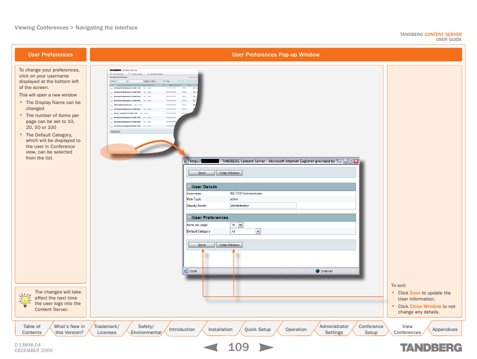 User preferences, User preferences pop-up window, User preferences user preferences pop-up window | TANDBERG CONTENT SERVER D13898.04 User Manual | Page 109 / 143