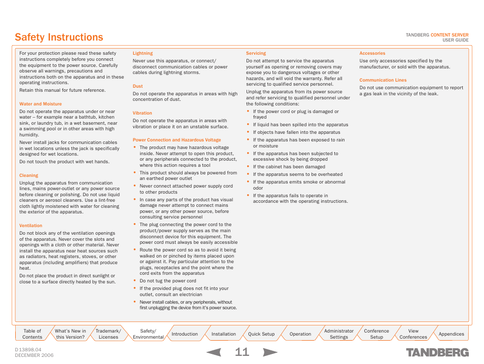 Safety instructions | TANDBERG CONTENT SERVER D13898.04 User Manual | Page 11 / 143