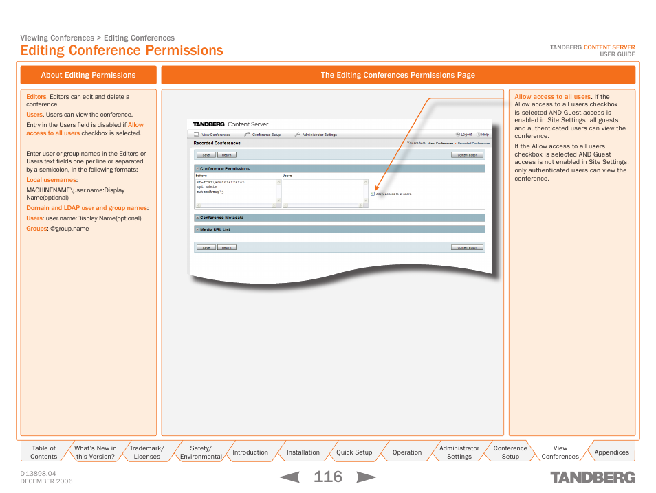 Editing conference permissions, About editing permissions | TANDBERG CONTENT SERVER D13898.04 User Manual | Page 116 / 143