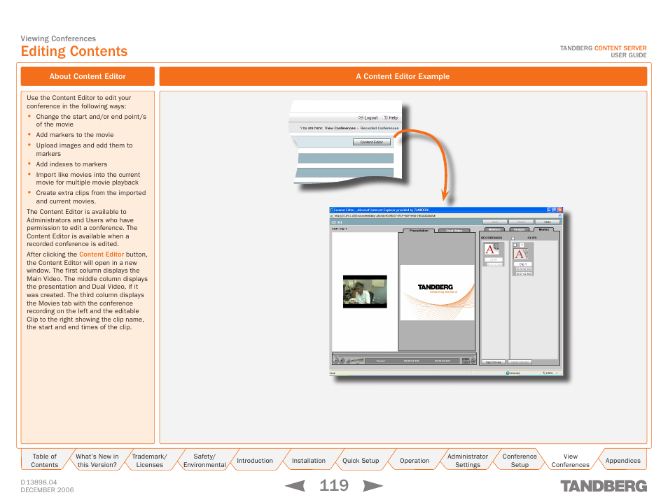 Editing contents, About content editor, A content editor example | About content editor a content editor example | TANDBERG CONTENT SERVER D13898.04 User Manual | Page 119 / 143