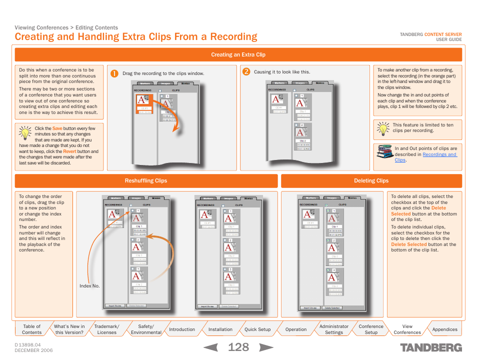 Creating and handling extra clips from a recording, Creating an extra clip, Reshuffling clips | Deleting clips | TANDBERG CONTENT SERVER D13898.04 User Manual | Page 128 / 143