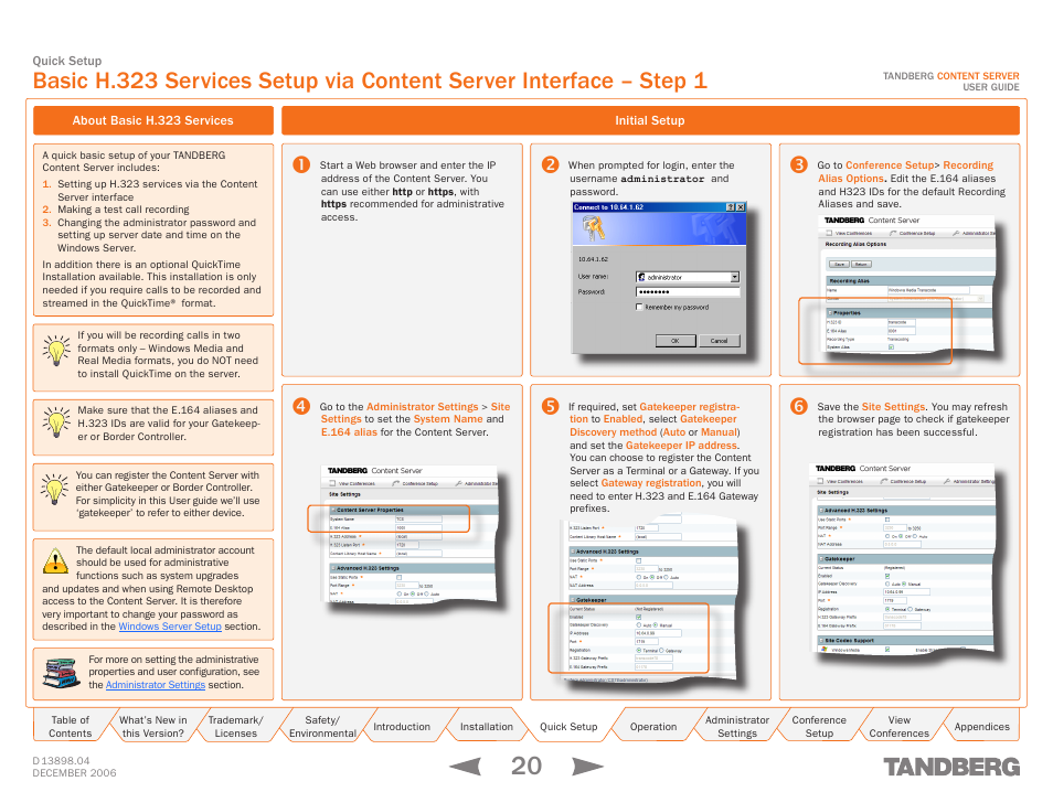 About basic h.323 services, Initial setup, About basic h.323 services initial setup | TANDBERG CONTENT SERVER D13898.04 User Manual | Page 20 / 143